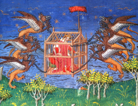 A 15th-century French manuscript illustration showing Alexander in a cage that is lifted into the air by six griffins.