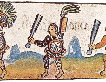  Aztec warriors as shown in the 16th-century Florentine Codex (Vol. IX). Each warrior is brandishing a maquahuitl.