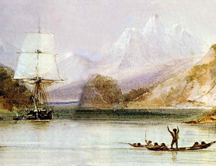HMS Beagle surveys the coasts of South America. Painting by Conrad Martens
