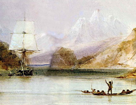 HMS Beagle surveys the coasts of South America. Painting by Conrad Martens