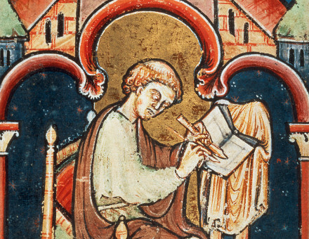 A scribe, probably Bede, from the Life and Miracles of St Cuthbert, English, 12th century.