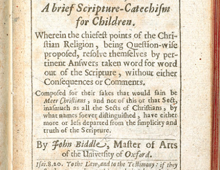 Frontispiece of Biddle's A Twofold Catechism, 1654