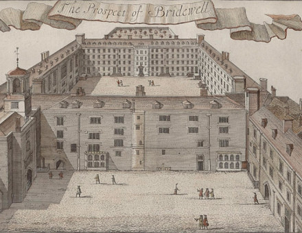 "The Prospect of Bridewell" from John Strype's, An Accurate Edition of Stow's "A Survey of London" (1720). From 1557, Bethlem was administered by the Bridewell Governors.