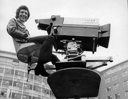 Singer Tom Jones rides a crane at BBC Television Centre, 1971.