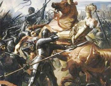  Painting depicting the Battle of Castillon (1453) by the French painter Charles-Philippe Larivière (1798–1876). (Galerie des Batailles, Palace of Versailles). John Talbot, Earl of Shrewsbury is falling from his wounded horse.