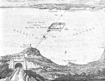 Thomé de Gamond's plan of 1856 for a cross-Channel link, with a port/airshaft on the Varne sandbank mid-Channel