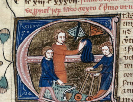 Miniature for the entry etas "age" in the Omne Bonum encyclopedia (London, 14th century, BL Royal MS 6 E vii, fol. 67v) showing children playing with toys and catching butterflies.