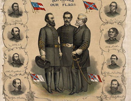 Three versions of the flag of the Confederate States of America and the Confederate Battle Flag are shown on this printed poster from 1896. Standing at the center are Stonewall Jackson, P. G. T. Beauregard, and Robert E. Lee, 