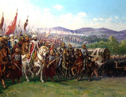  Modern painting of Mehmed II and the Ottoman Army approaching Constantinople with a giant bombard, by Fausto Zonaro