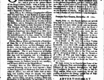 Front page of the first issue of the Daily Courant, March 11th 1702. It was the first British daily newspaper.