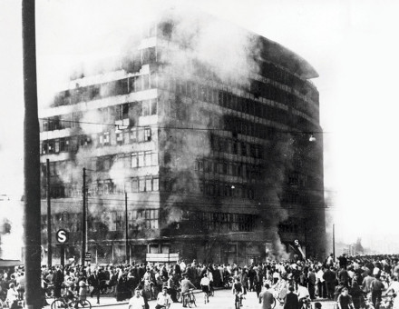 Columbus House on Potsdamer Platz in East Berlin burning after the demonstrations and riots, 17 June 1953. (Getty Images)