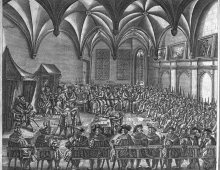 Saxon chancellor Christian Beyer proclaiming the Augsburg Confession in the presence of Emperor Charles V, 1530.