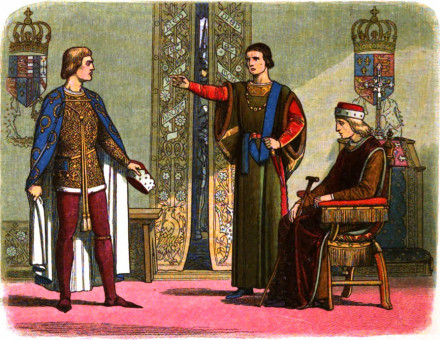 Henry VI (right) sitting while the Dukes of York (left) and Somerset (center) have an argument.