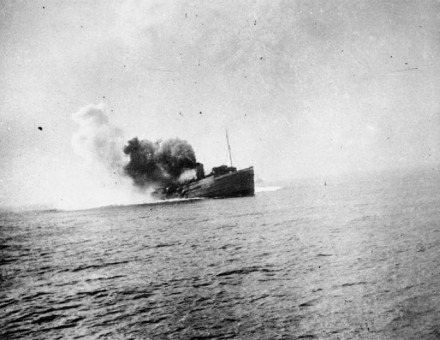 Isle of Man Steam Packet Company vessel Mona's Queen shortly after striking a mine on the approach to Dunkirk. 29 May 1940.