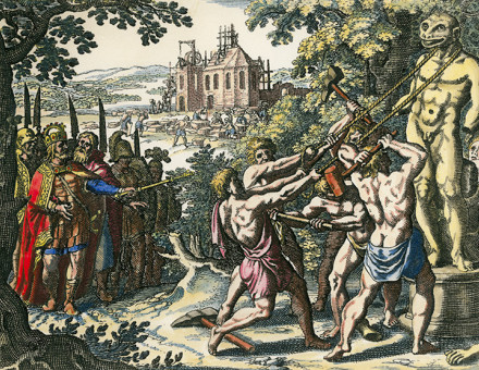 Charlemagne has a statue of the Saxon god Krodo torn down, while a church is built in its place. Engraving by Matthäus Merian the Elder, 1630.