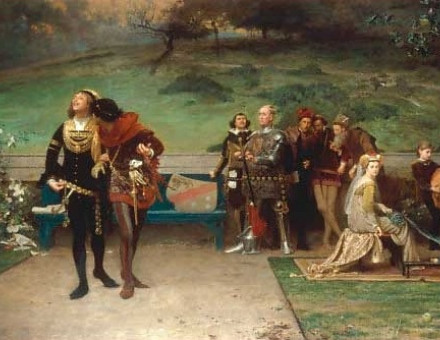 An 1872 painting by English artist Marcus Stone shows Edward II cavorting with Gaveston while nobles and courtiers look on with concern.