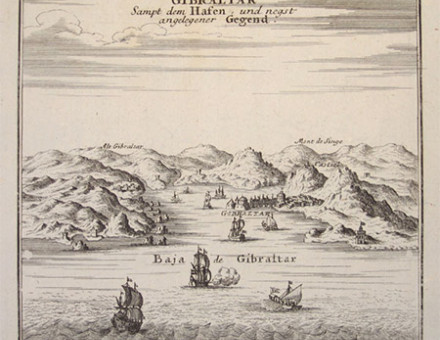Gibraltar harbour antique engraving by Gabriel Bodenehr, c.1704.