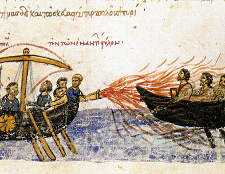 Depiction of Greek fire in the Madrid Skylitzes