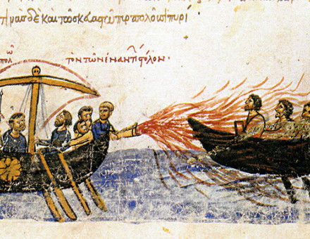 Depiction of Greek fire in the Madrid Skylitzes