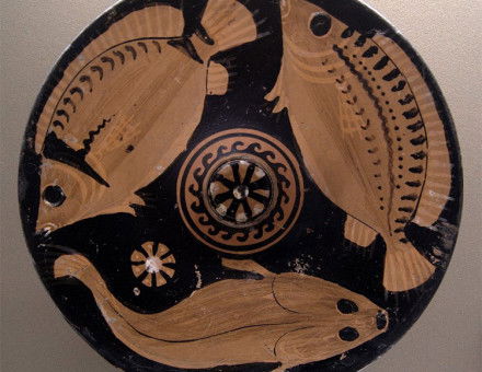 Fresh fish, one of the favourite dishes of the Greeks; platter with red figures, c. 350–325 BC, Louvre.