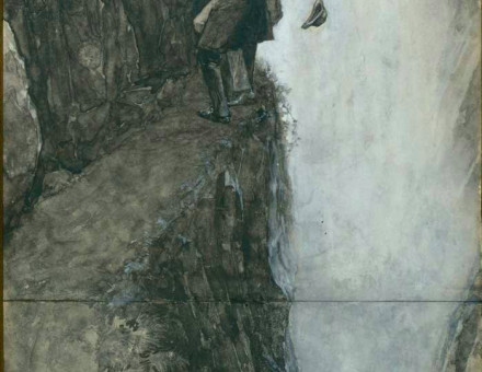 Holmes and Moriarty struggle at the Reichenbach Falls; drawing by Sidney Paget.