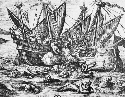 16th-century propaganda print depicting Huguenot aggression against Catholics at sea