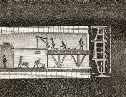 The Thames Tunnel, designed by the Brunels, under construction, illustration, 1828.