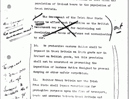 Page from a draft of the Treaty, as annotated by Arthur Griffith