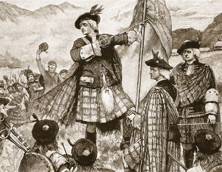 Highland fling: the Earl of Mar with the Stuart standard, 20th-century illustration.
