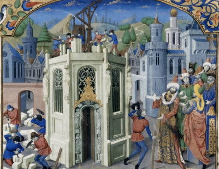 Sultan Omar initiates the reconstruction of the Temple of Jerusalem, from the History of the Conquest of Jerusalem by William of Tyre. French, 15th century.