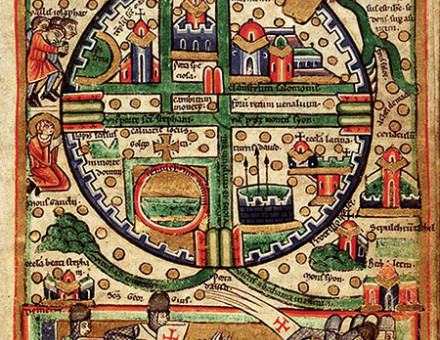 A 12th-century French map of Jerusalem showing the main religious sites and crusaders chasing out the infidel.
