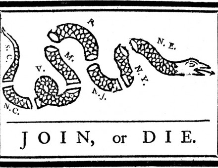 Divide or rule: Benjamin Franklin's cartoon, published in the Pennsylvania Gazette, 1754.