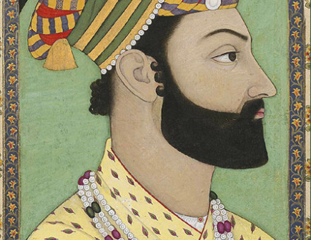 A 1757 miniature of Ahmad Shāh Durrānī, the Emir of Afghanistan, in which the Koh-i-Noor diamond is seen hanging on the front of his crown, above his forehead.