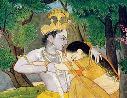 Radha and Krishna Embrace in a Grove of Flowering Trees.