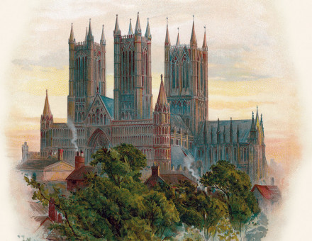 City on the hill: the south-west face of Lincoln Cathedral. Illustration by Arthur Wilde Parsons, 1888. 