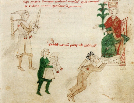 Depiction of Richard being pardoned by Emperor Henry VI, c. 1196