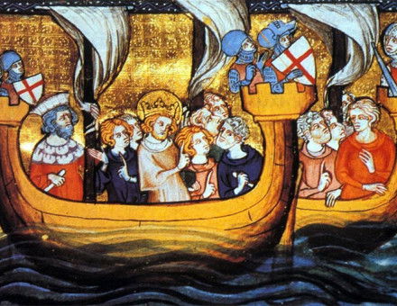 Louis IX on a ship departing from Aigues-Mortes, for the Seventh Crusade.