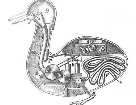 The mechanical duck, constructed by Jacques de Vaucanson (1709-1782), inventor of silk-weaving machinery.