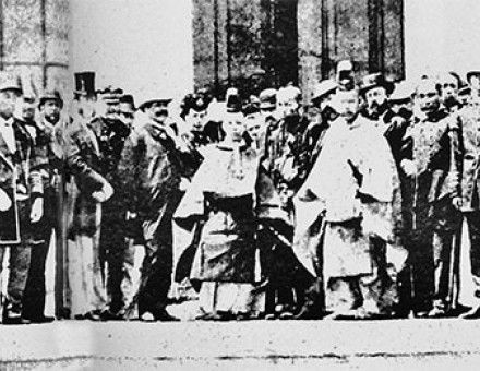 A teenage Emperor Meiji with foreign representatives at the end of the Boshin War, 1868-1870.