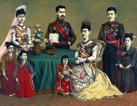 Meiji, Emperor of Japan, and the imperial family, woodcut, late 19th century. (Getty Images)