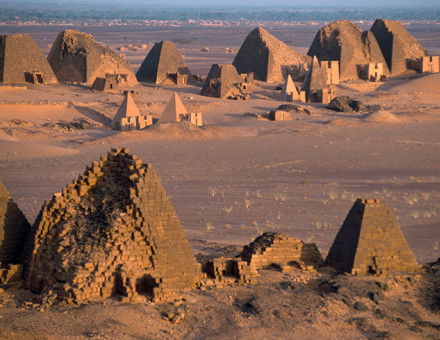 Funeral pyramids and temples from the Kingdom of Kush dating from 800 BC to AD 350 at Meroe, Sudan.