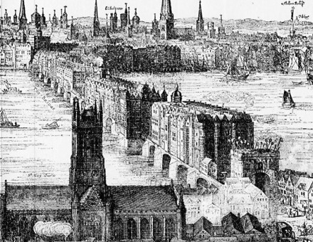 An engraving by Claes Visscher showing Old London Bridge in 1616, with what is now Southwark Cathedral in the foreground. The spiked heads of executed criminals can be seen above the Southwark gatehouse.