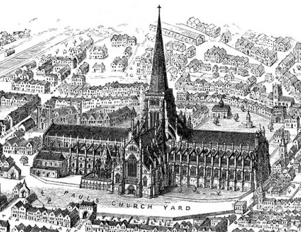 A 1916 engraving of Old St Paul's as it appeared before the fire of 1561.