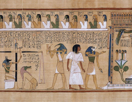A scene from the Book of the Dead. Osiris is seated to the right.