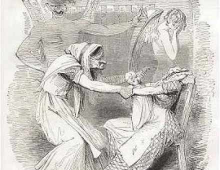 Punch cartoon from 1843 criticizing the New Poor Law's workhouses for splitting mothers and their infant children.