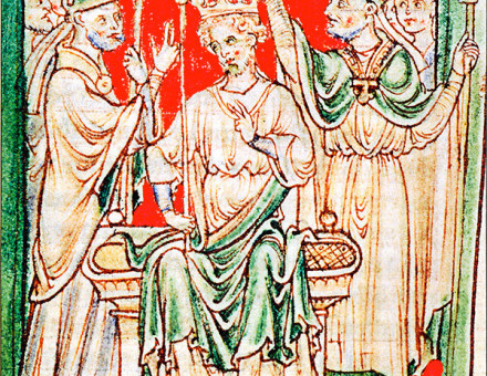 Richard I being anointed during his coronation in Westminster Abbey, from a 13th-century chronicle