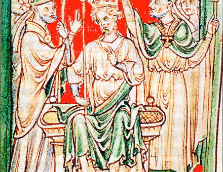 Richard I being anointed during his coronation in Westminster Abbey, from a 13th-century chronicle