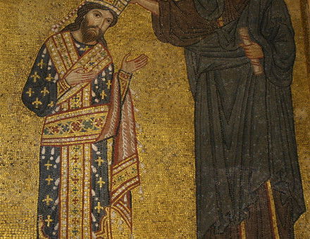 Detail of the mosaic with Roger II receiving the crown from Christ, Martorana, Palermo.