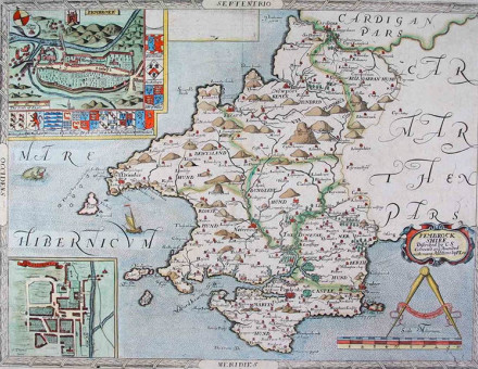 Saxton\s map of Pembrokeshire, 1578, showing Milford Haven, with its deep 'ria' or bay where Henry Tudor landed his invasion force undetected in 1485.