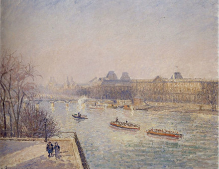 Morning, Winter Sunshine, Frost, the Pont-Neuf, the Seine, the Louvre, Soleil D'hiver, by Camille Pissarro, 1901.